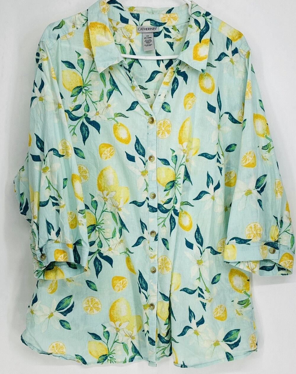 Catherines 3X (26-28W) Linen Blend Button Shirt Lemon Print Short Sleeve Top